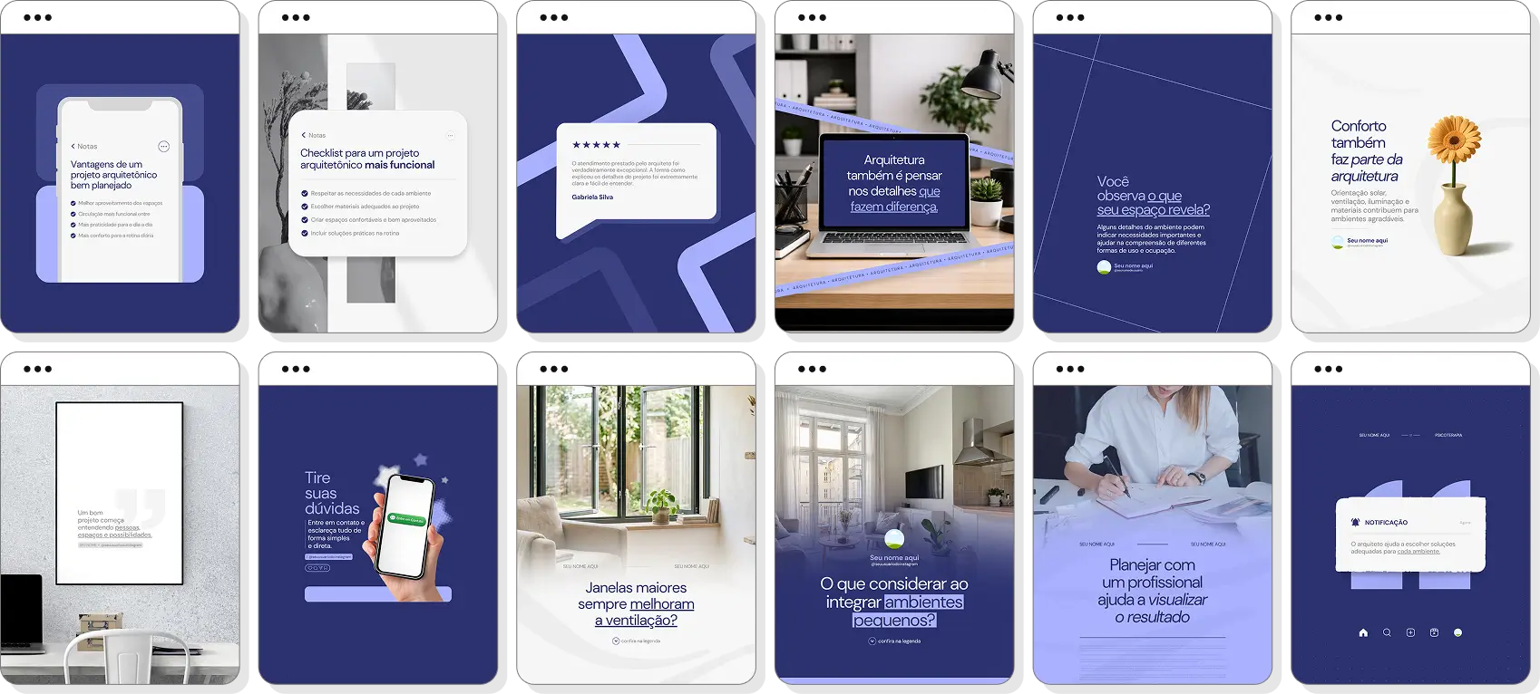 Pack de posts para arquitetura com templates no Canva para Instagram sobre projetos, interiores e design de ambientes