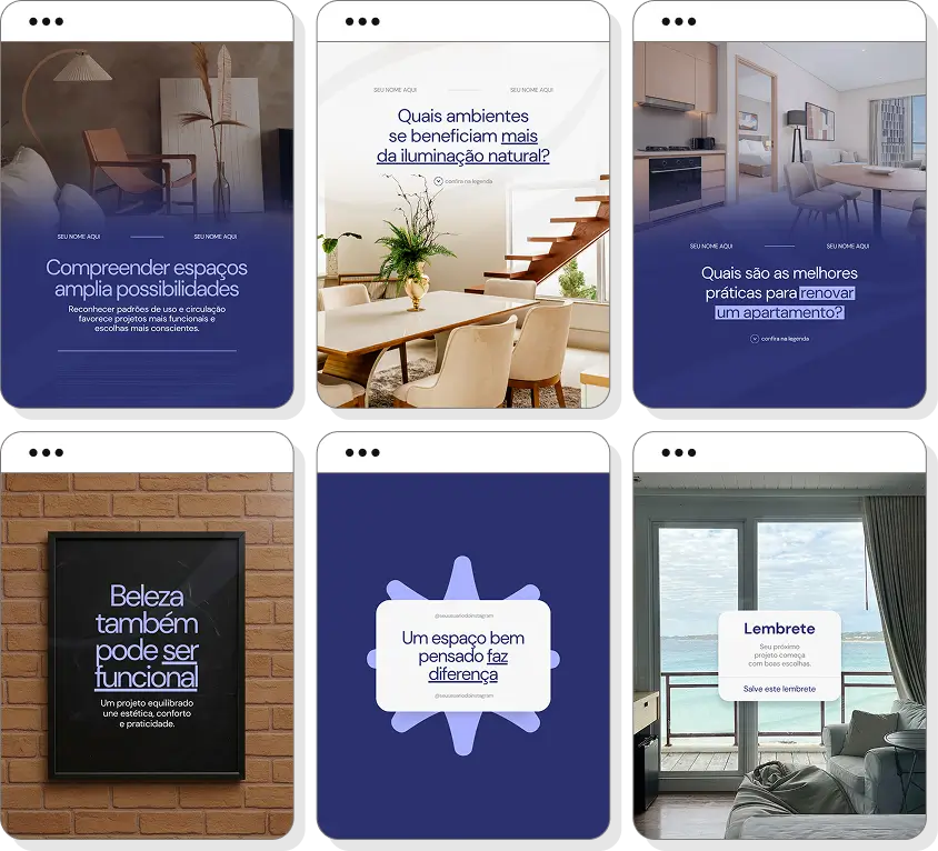 Social media arquitetura com pack de posts para Instagram de projetos, design e arquitetura de interiores