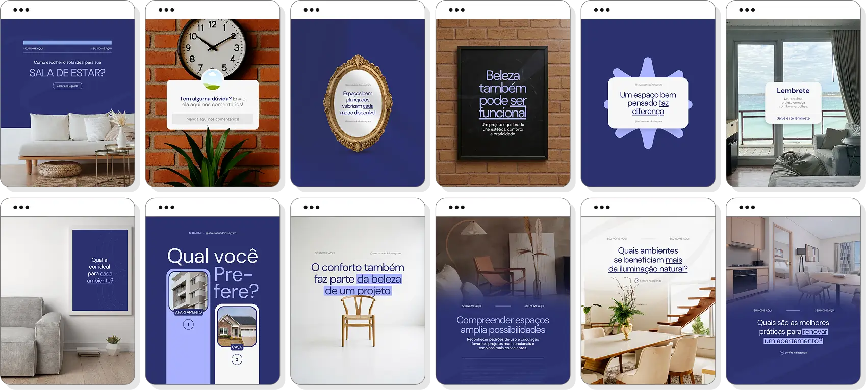 Pack Canva arquitetura com ideias de posts para perfil de Instagram sobre projetos e ambientes