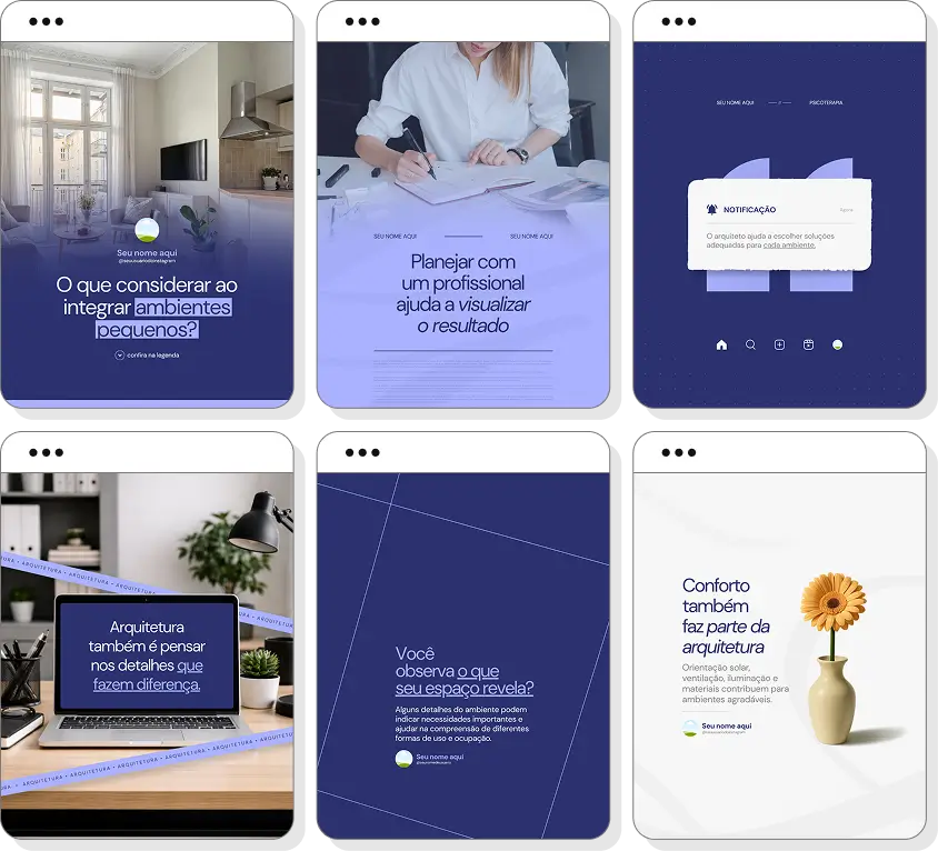Pack de posts editáveis arquitetura com foco em projetos arquitetônicos, interiores e planejamento de ambientes