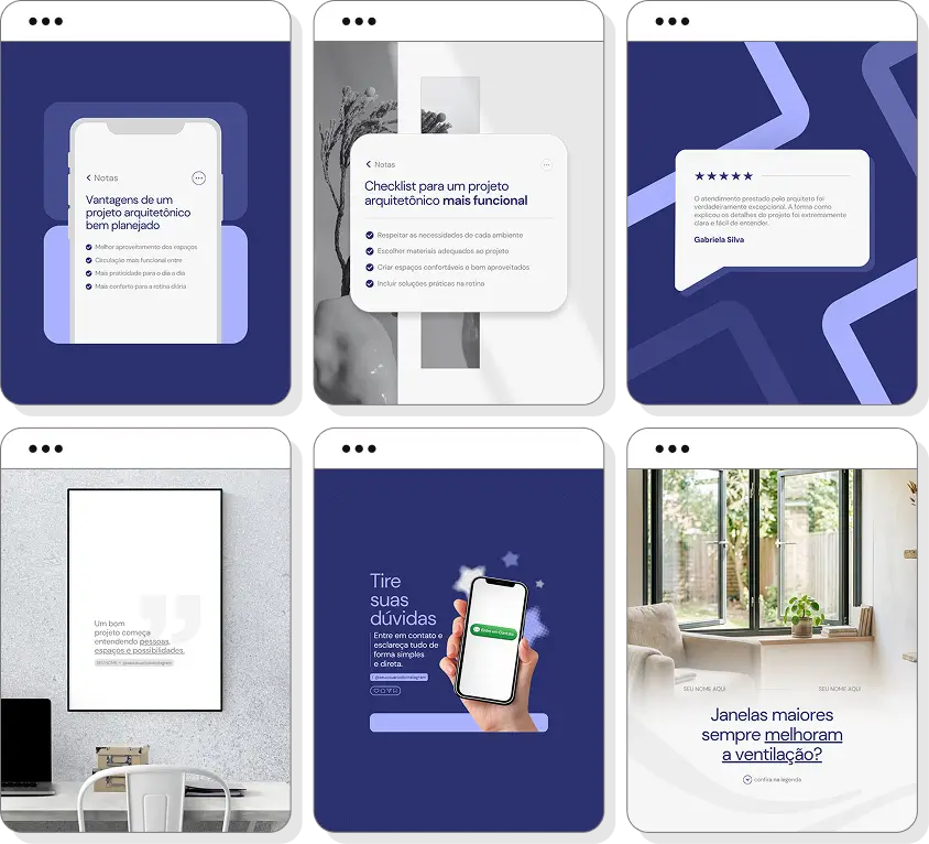 Pack Canva arquitetura com posts editáveis para Instagram de arquitetura, interiores e decoração