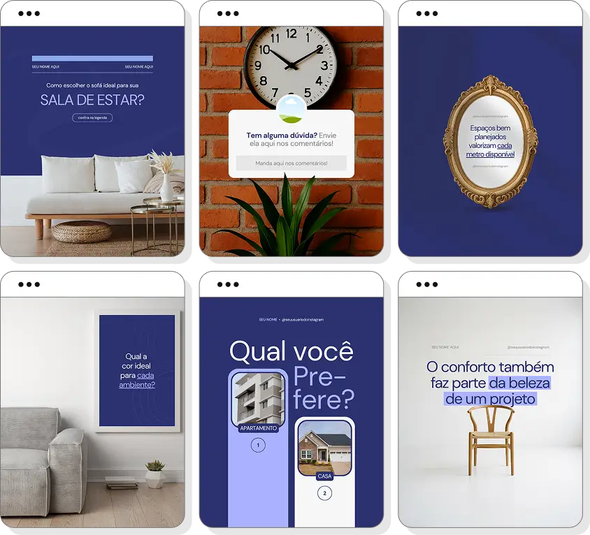 Pack social media arquitetura com conteúdos para Instagram de arquitetura, interiores e design de ambientes