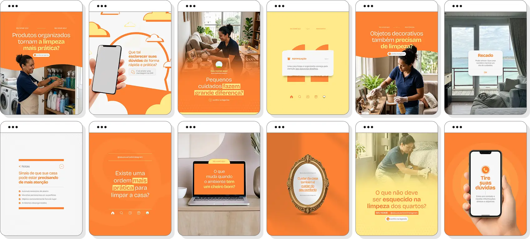 Pack Canva diarista com posts para Instagram de limpeza, organização e praticidade no dia a dia