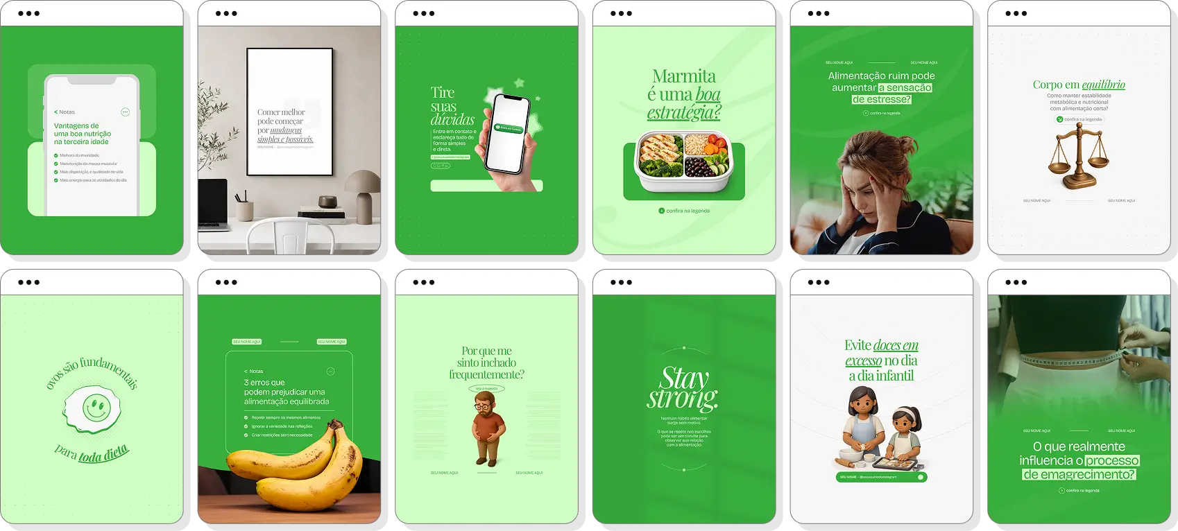 Pack social media nutrição com conteúdos para Instagram de alimentação saudável e educação nutricional
