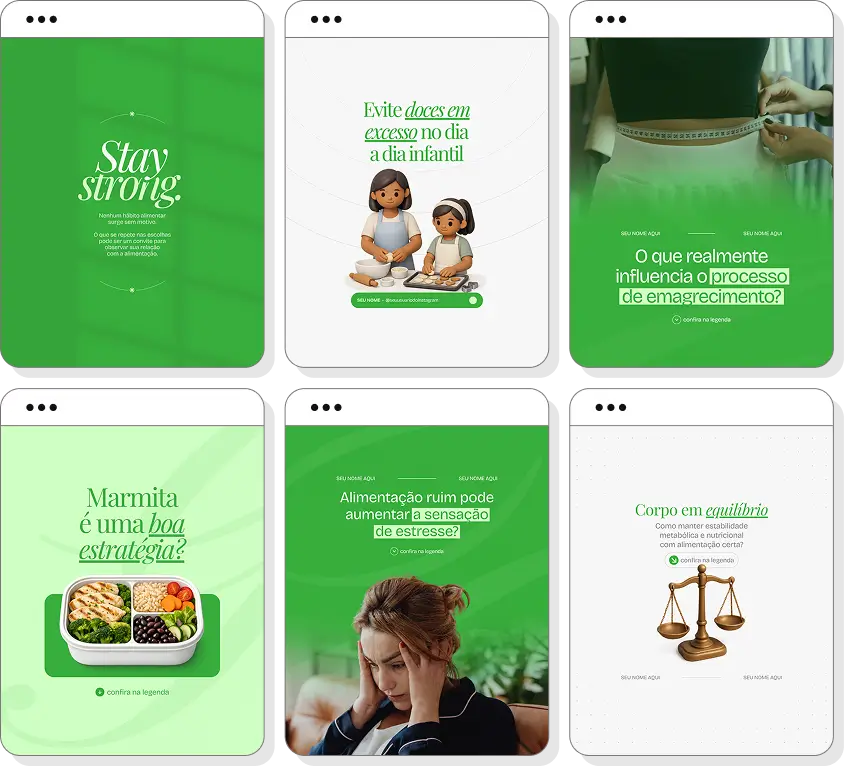 Pack Canva nutrição com posts editáveis para Instagram de alimentação saudável e qualidade de vida