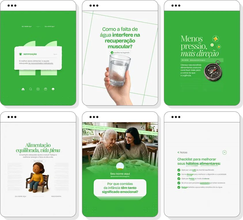 Pack de posts para nutrição com templates no Canva para Instagram sobre alimentação, saúde e hábitos alimentares