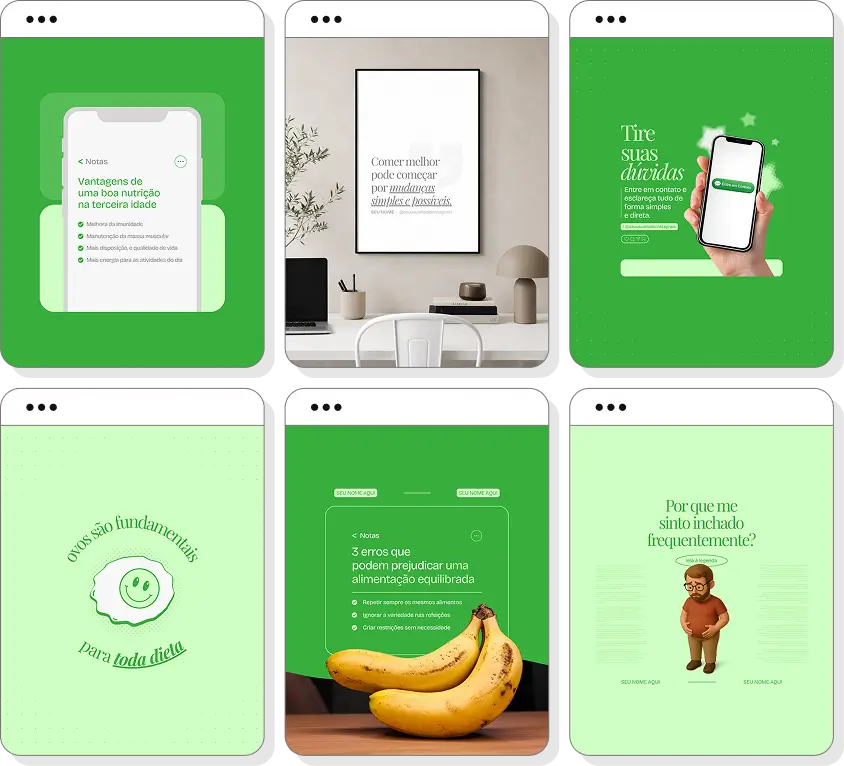 Posts para nutrição com ideias de conteúdo para Instagram sobre alimentação, saúde e hábitos alimentares