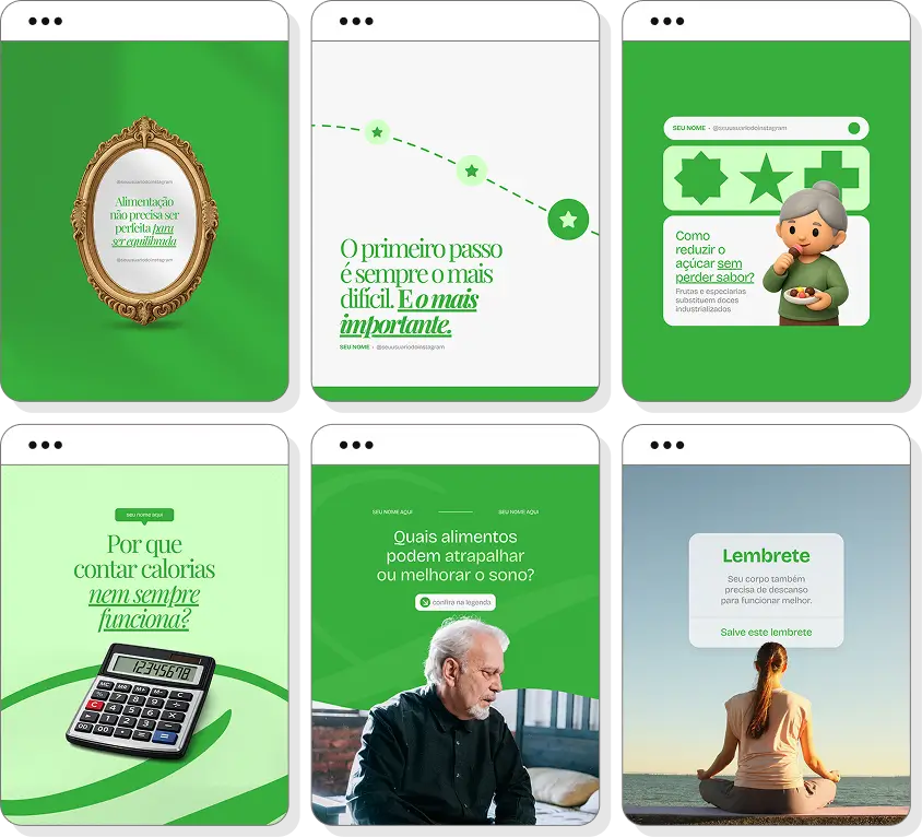Pack Canva nutrição com ideias de posts para perfil de Instagram sobre alimentação e saúde