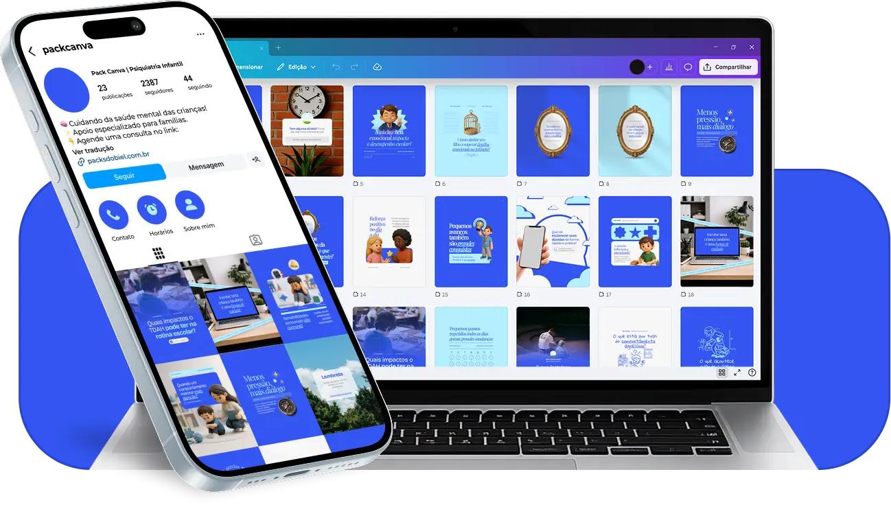Pack Canva psiquiatria infantil com ideias de posts para perfil de Instagram sobre comportamento e emoções