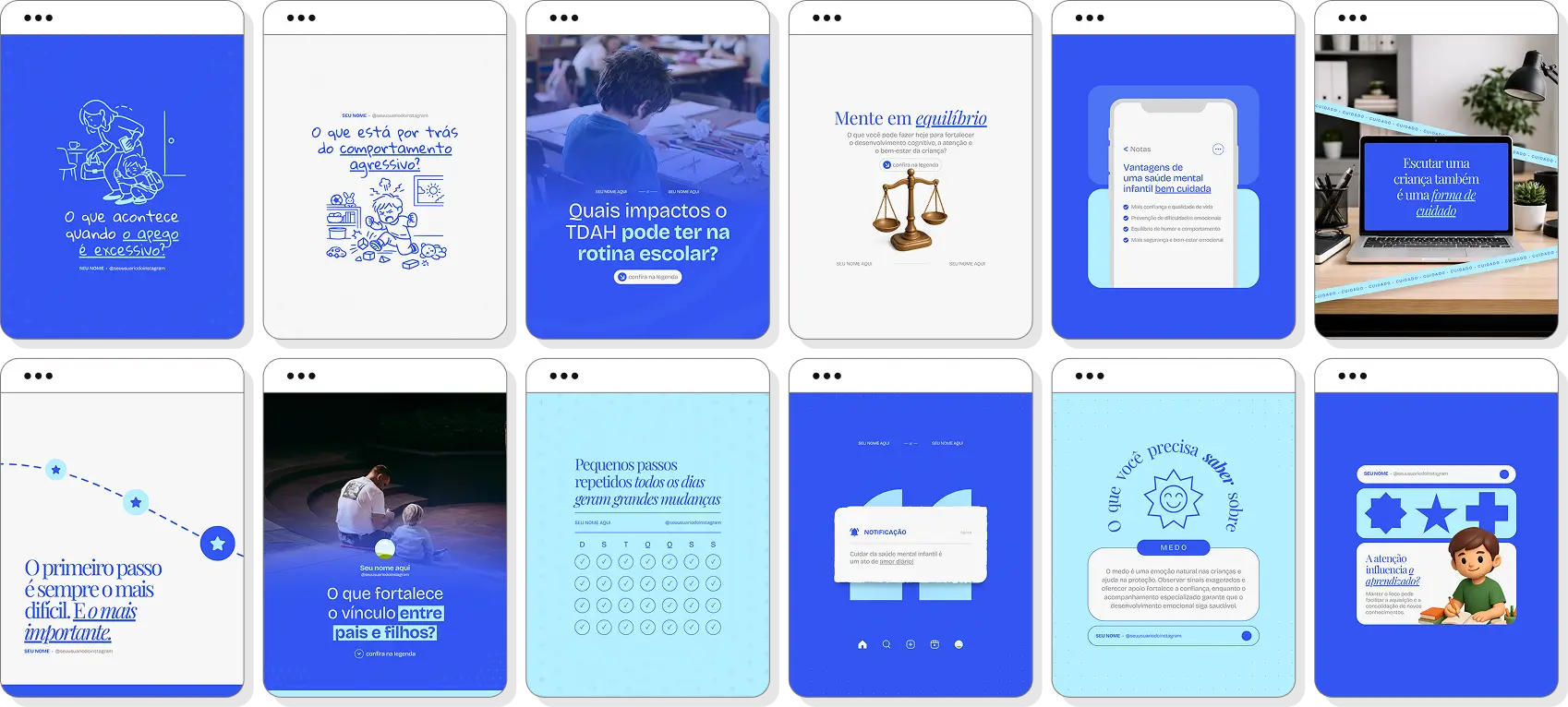 Pack de posts para Instagram psiquiatria infantil com artes editáveis sobre emoções e desenvolvimento