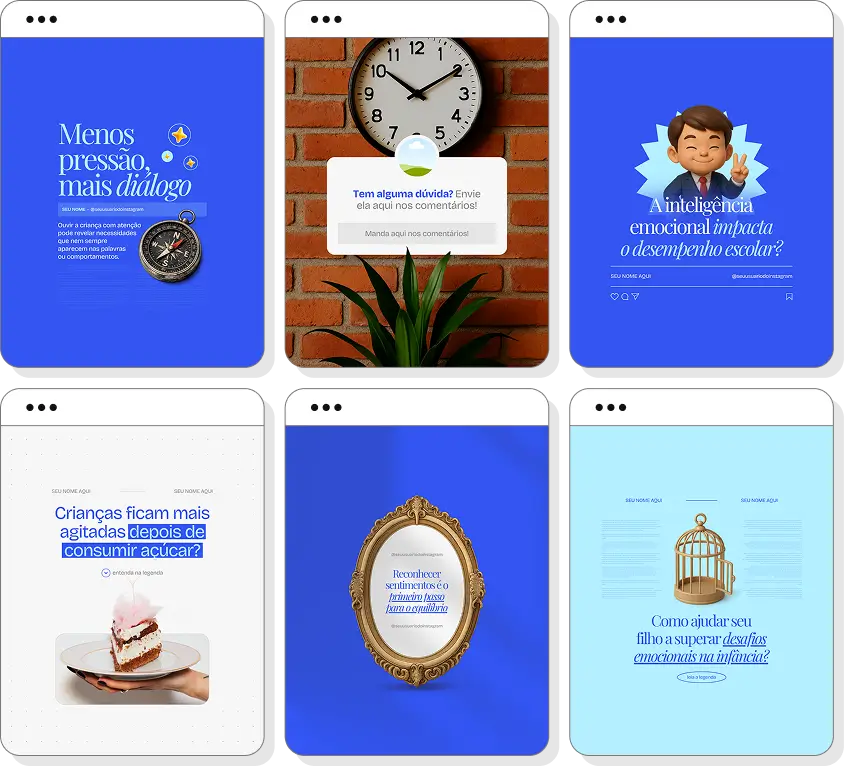 Social media para psiquiatria infantil com pack de posts editáveis no Canva para Instagram profissional