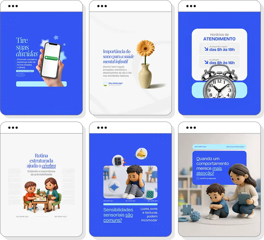 Pack Canva psiquiatria infantil com posts para Instagram de emoções, comportamento e desenvolvimento