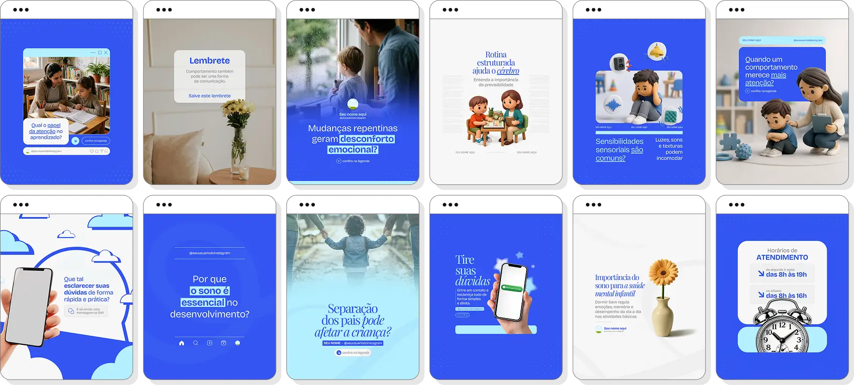 Pack Canva psiquiatria infantil com posts para Instagram de desenvolvimento infantil e saúde mental