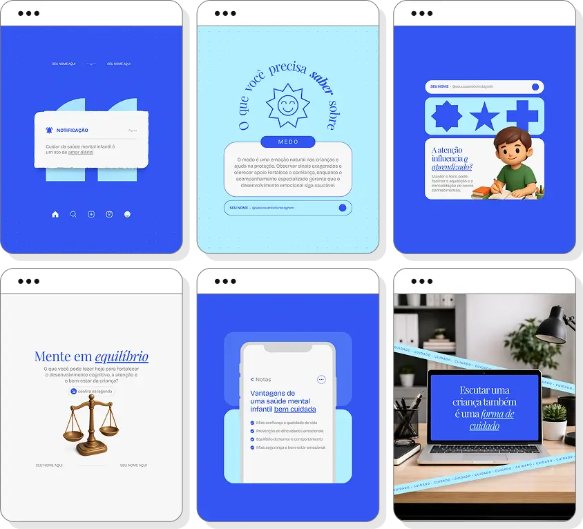 Ideias de post para psiquiatria infantil com pack de conteúdo para Instagram sobre saúde mental infantil