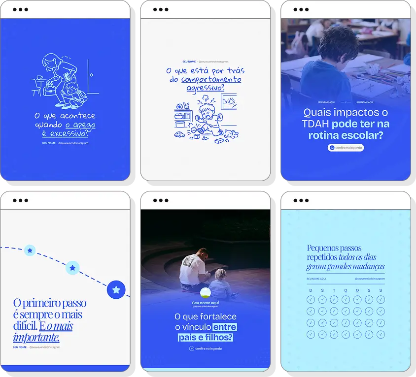 Pack de posts editáveis psiquiatria infantil com Instagram de comportamento e desenvolvimento emocional