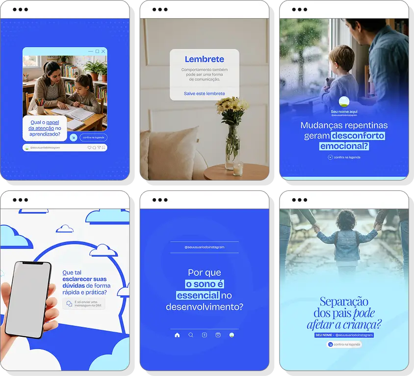 Pack de psiquiatria infantil com conteúdos editáveis para Instagram de saúde mental e infância