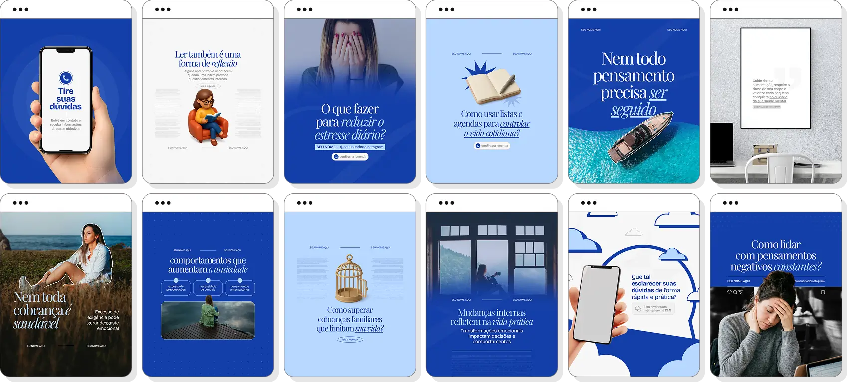 Pack de posts para Instagram psiquiatria com artes editáveis sobre saúde mental e emoções