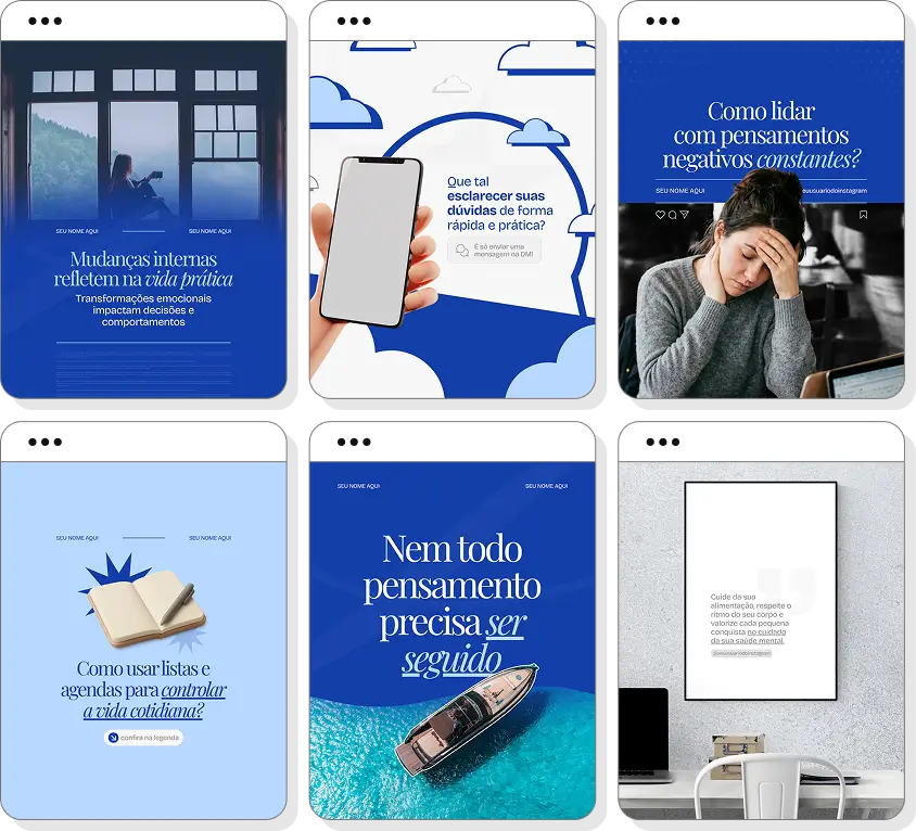 Pack Canva psiquiatria com posts editáveis para Instagram de saúde mental, comportamento e psiquiatria
