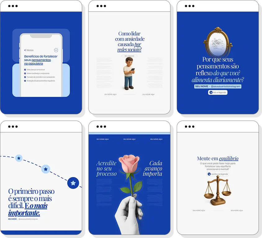 Posts para psiquiatria com ideias de conteúdo para Instagram sobre saúde mental, emoções e qualidade de vida