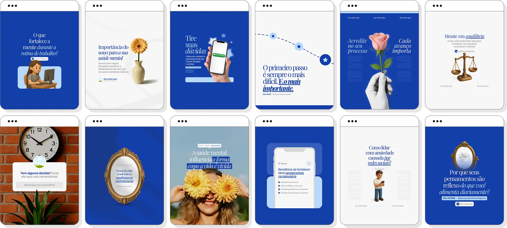 Posts para perfil de psiquiatria no Instagram com templates Canva sobre saúde mental e bem-estar
