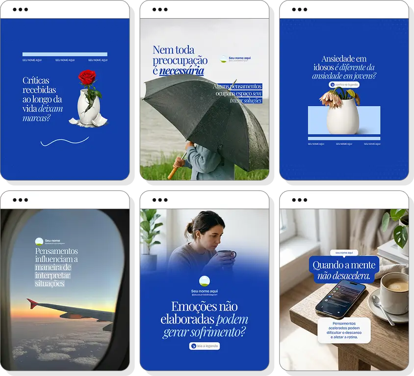 Pack Canva psiquiatria com ideias de posts para perfil de Instagram sobre saúde mental e comportamento