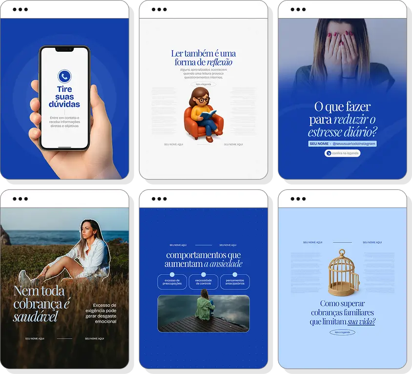 Pack de posts para psiquiatria com templates no Canva para Instagram sobre saúde mental, emoções e bem-estar