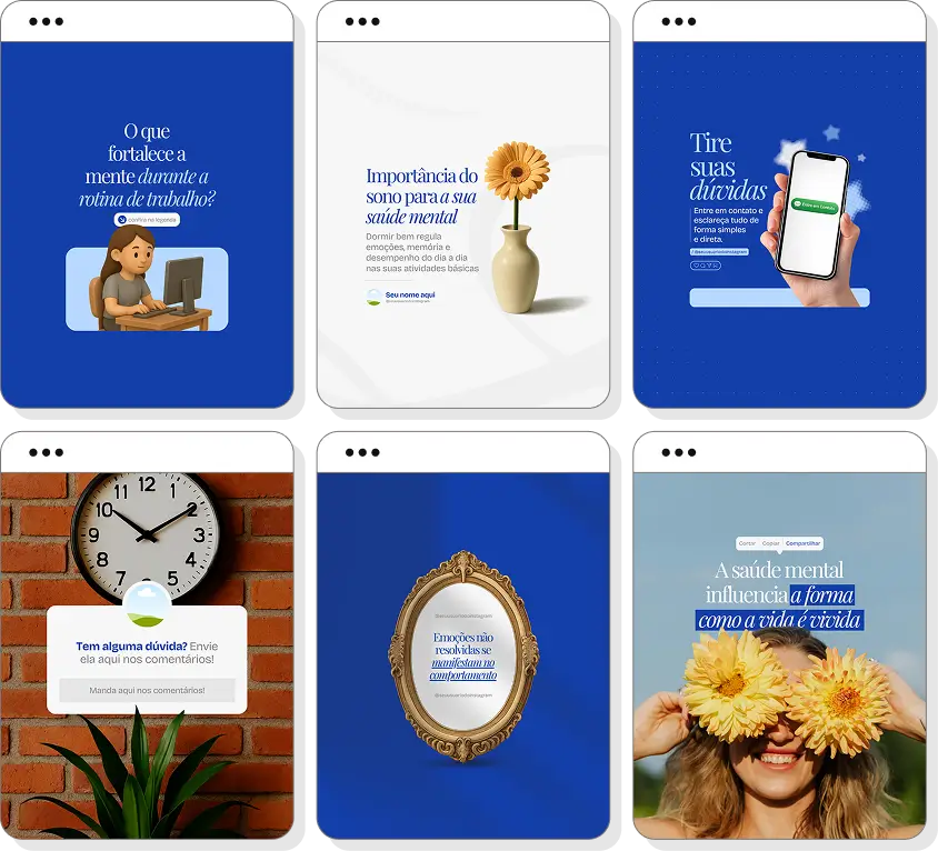 Pack de posts editáveis psiquiatria com foco em saúde mental, comportamento e cuidados psiquiátricos