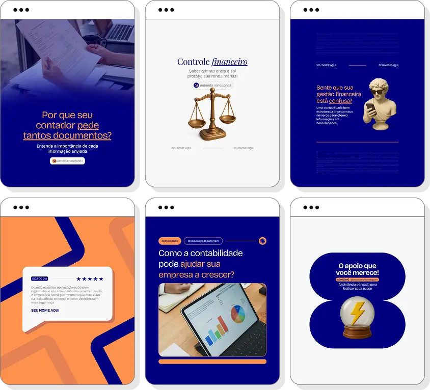 Posts para contabilidade com ideias de conteúdo para Instagram sobre impostos, organização financeira e negócios