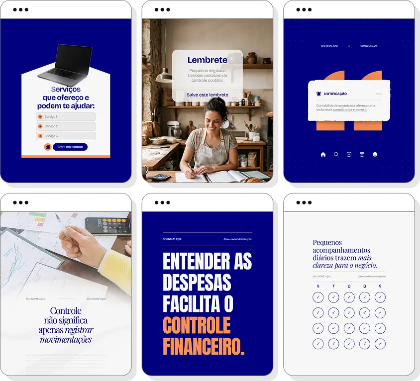 Social media para contabilidade com posts para Instagram de gestão financeira e rotina empresarial