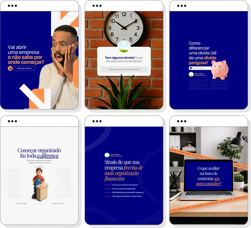 Pack de posts para contabilidade com templates editáveis para Instagram sobre gestão financeira, impostos e negócios