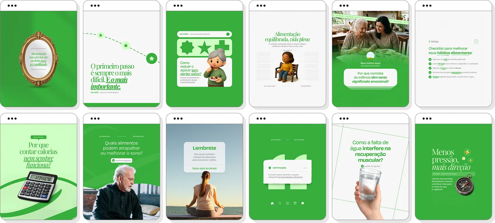 Posts para perfil de nutrição no Instagram com templates Canva sobre alimentação e hábitos saudáveis