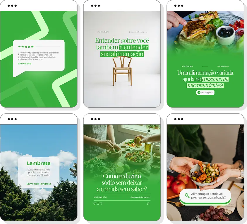Pack de posts para nutrição com templates editáveis para Instagram sobre alimentação, saúde e hábitos alimentares