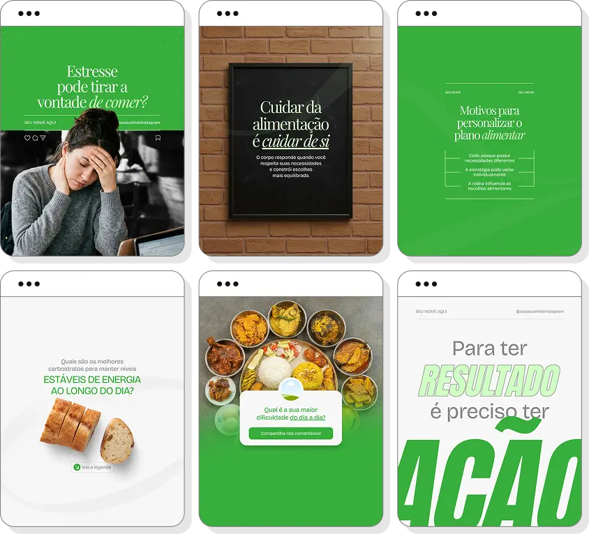 Posts no Canva para nutrição com conteúdo para Instagram sobre alimentação saudável, saúde e qualidade de vida