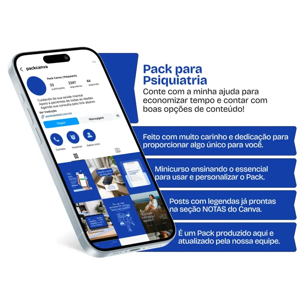 Pack de posts editáveis psiquiatria com Instagram de saúde mental e acompanhamento psiquiátrico