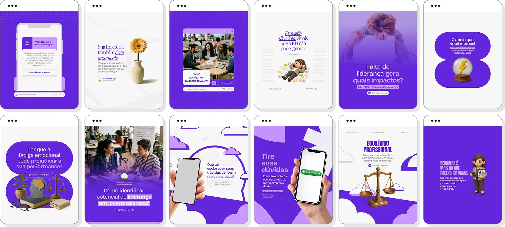 Posts de Recursos Humanos com conteúdos editáveis para Instagram sobre gestão de pessoas e mercado de trabalho