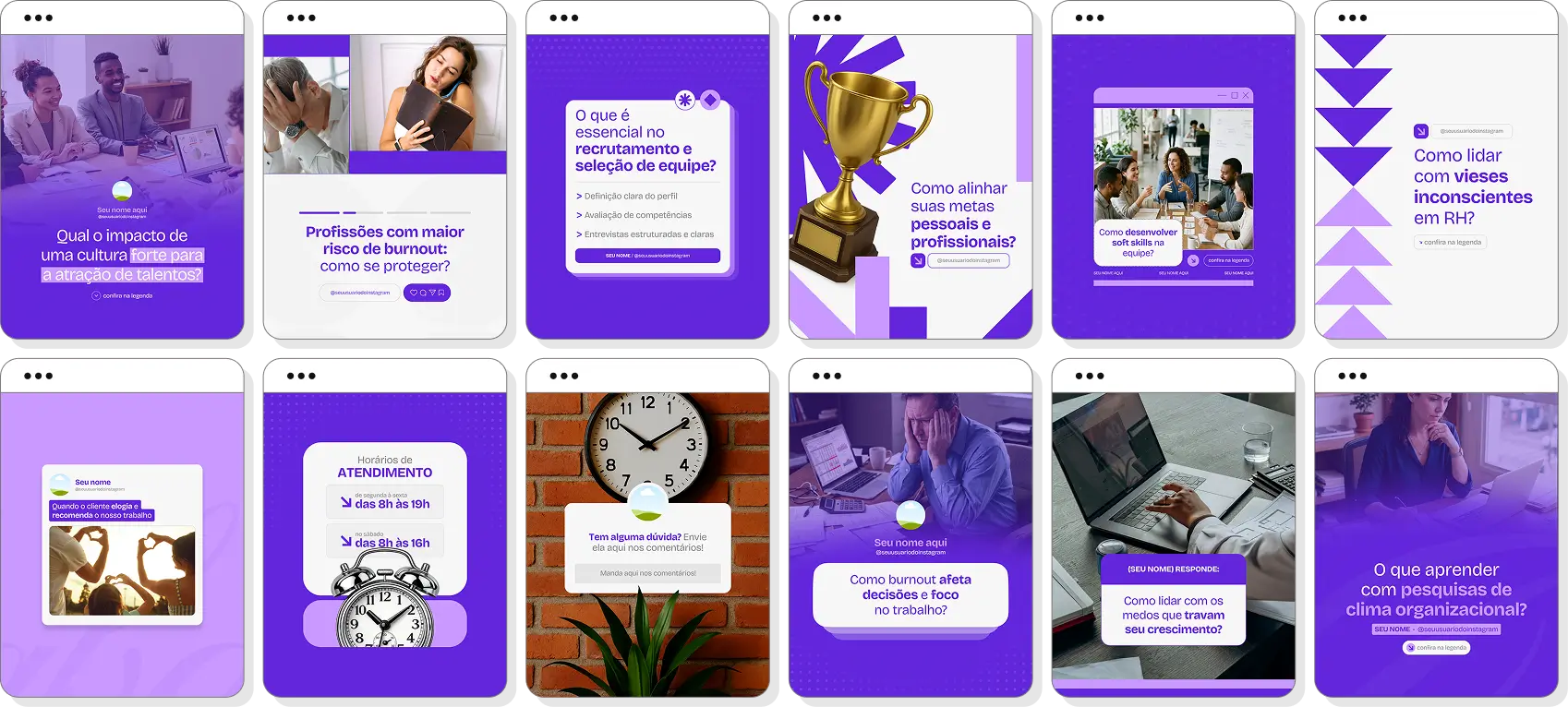 Ideias de post para Recursos Humanos com conteúdo para Instagram sobre gestão de pessoas e carreira