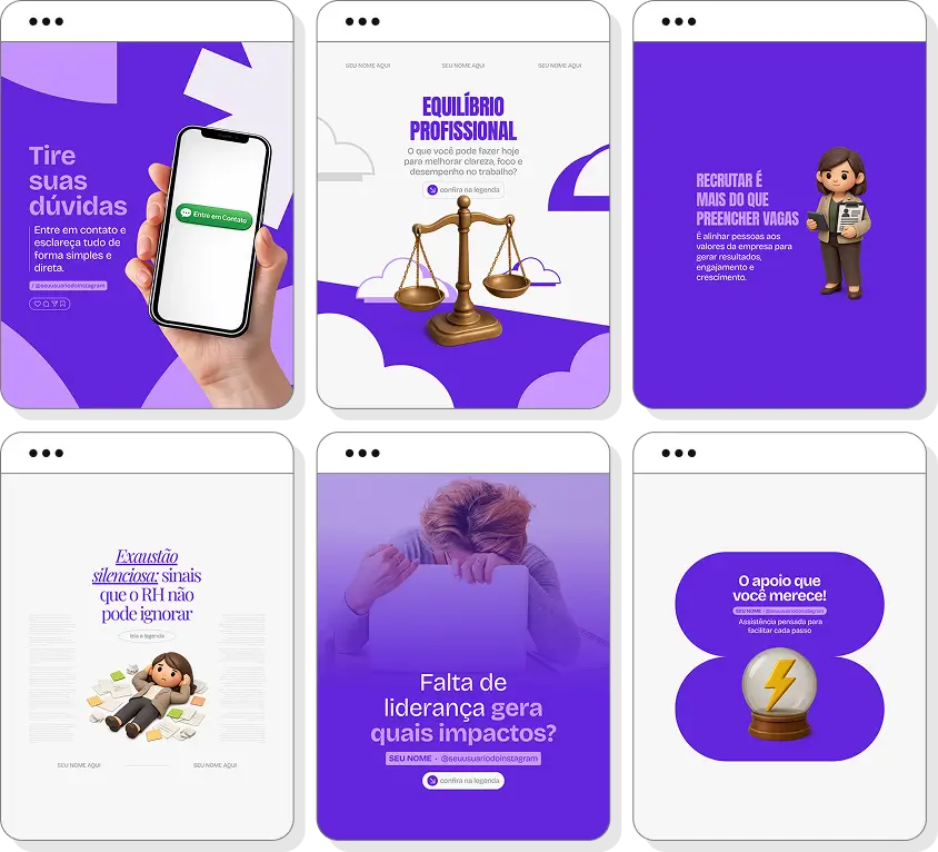 Pack de posts para Recursos Humanos com templates editáveis para Instagram sobre gestão de pessoas e carreira