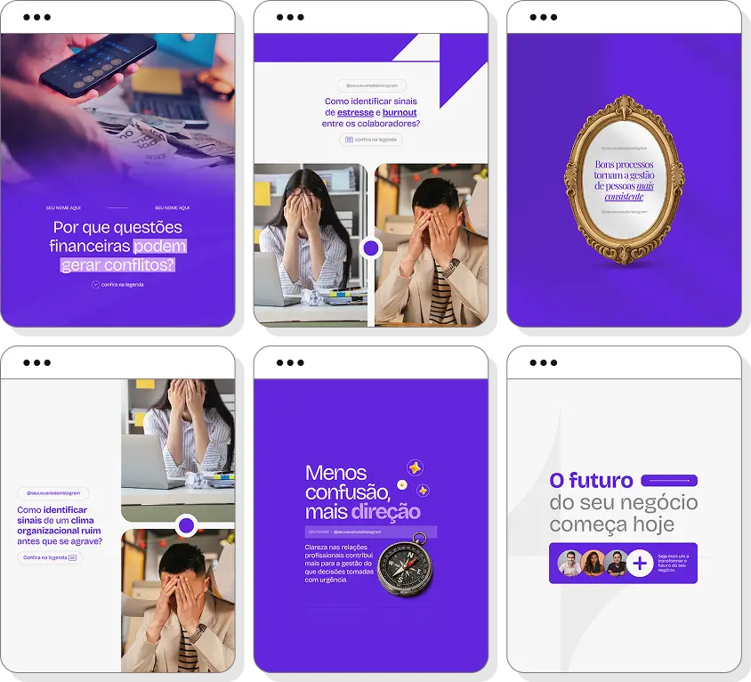Social media para Recursos Humanos com posts para Instagram sobre carreira, empresas e gestão de pessoas