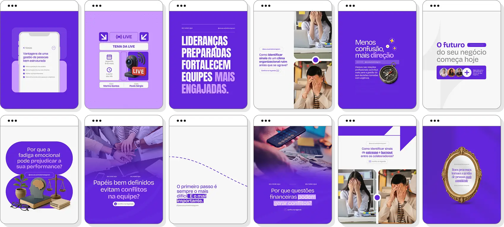 Pack de posts para Recursos Humanos com conteúdo para Instagram de carreira, liderança e gestão de pessoas