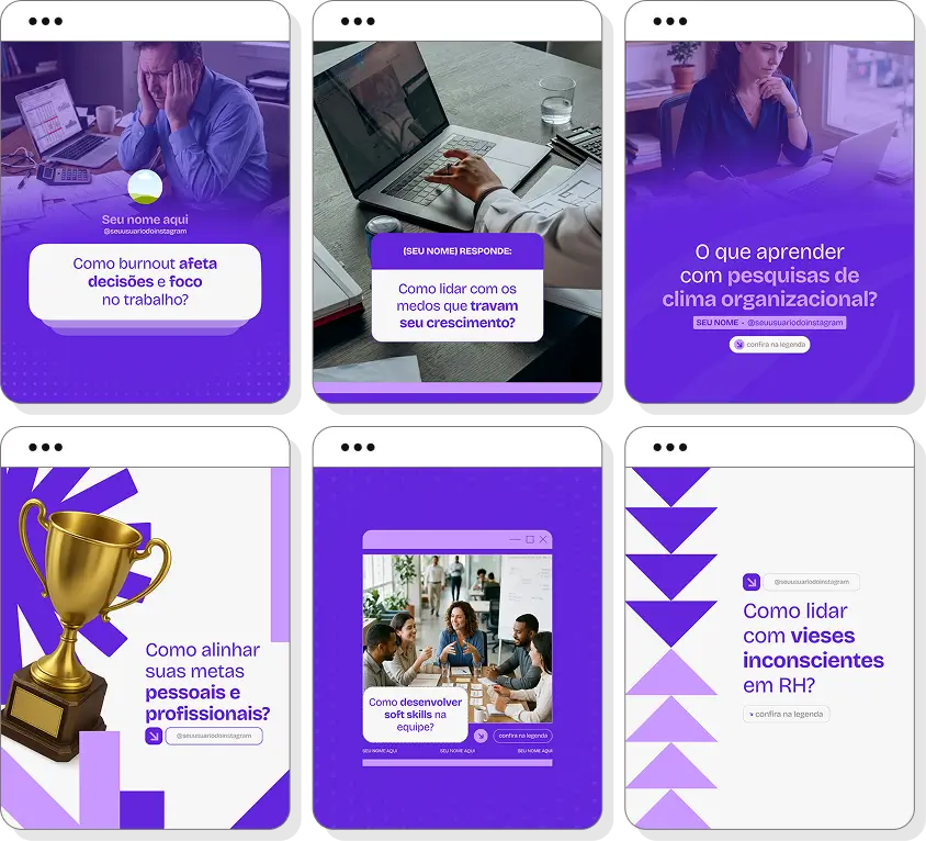 Social media Recursos Humanos com conteúdos para Instagram de recrutamento, carreira e desenvolvimento profissional
