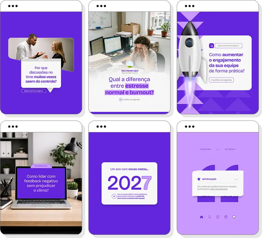Pack de posts editáveis para Recursos Humanos com foco em gestão de pessoas, liderança e ambiente de trabalho