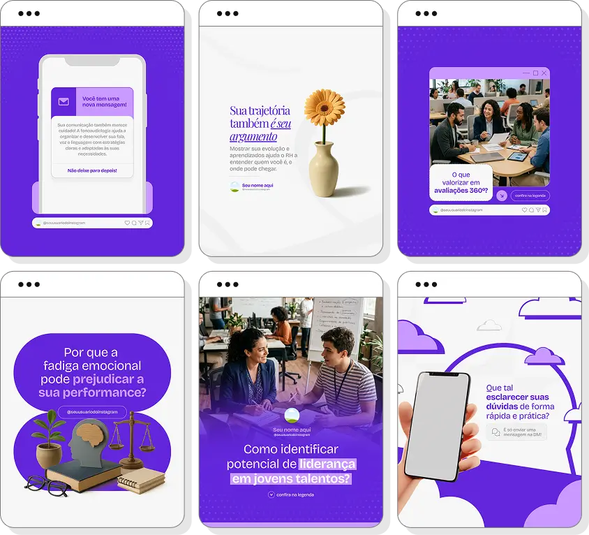 Canva para Recursos Humanos com ideias de posts para perfil de Instagram sobre carreira e desenvolvimento profissional