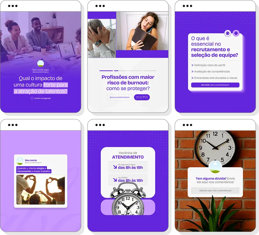Pack de posts para Instagram de Recursos Humanos com artes editáveis sobre gestão de pessoas e carreira