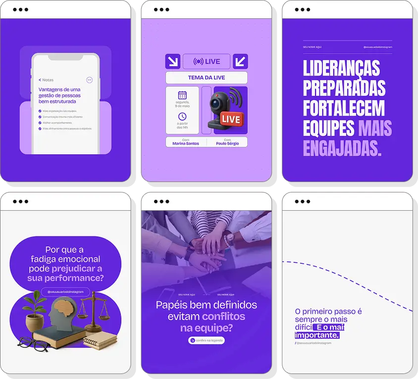 Posts no Canva para Recursos Humanos sobre liderança, carreira, recrutamento e ambiente de trabalho