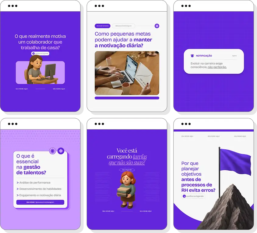 Canva para Recursos Humanos com ideias de posts para perfil de Instagram sobre carreira e desenvolvimento profissional