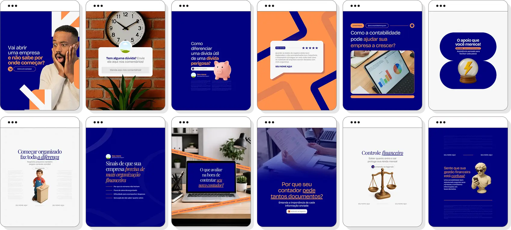 Posts no Canva para contabilidade com conteúdo para Instagram sobre finanças, empresas e serviços contábeis