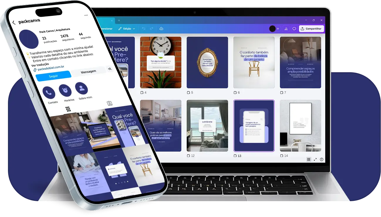 Pack de posts para Instagram arquitetura com artes editáveis sobre projetos residenciais e comerciais