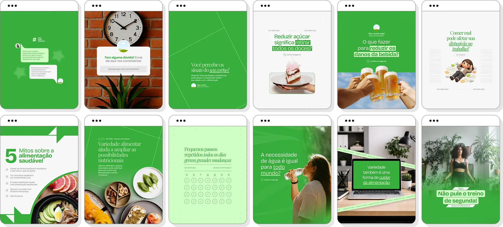 Pack de posts para Instagram nutrição com artes editáveis sobre alimentação e qualidade de vida