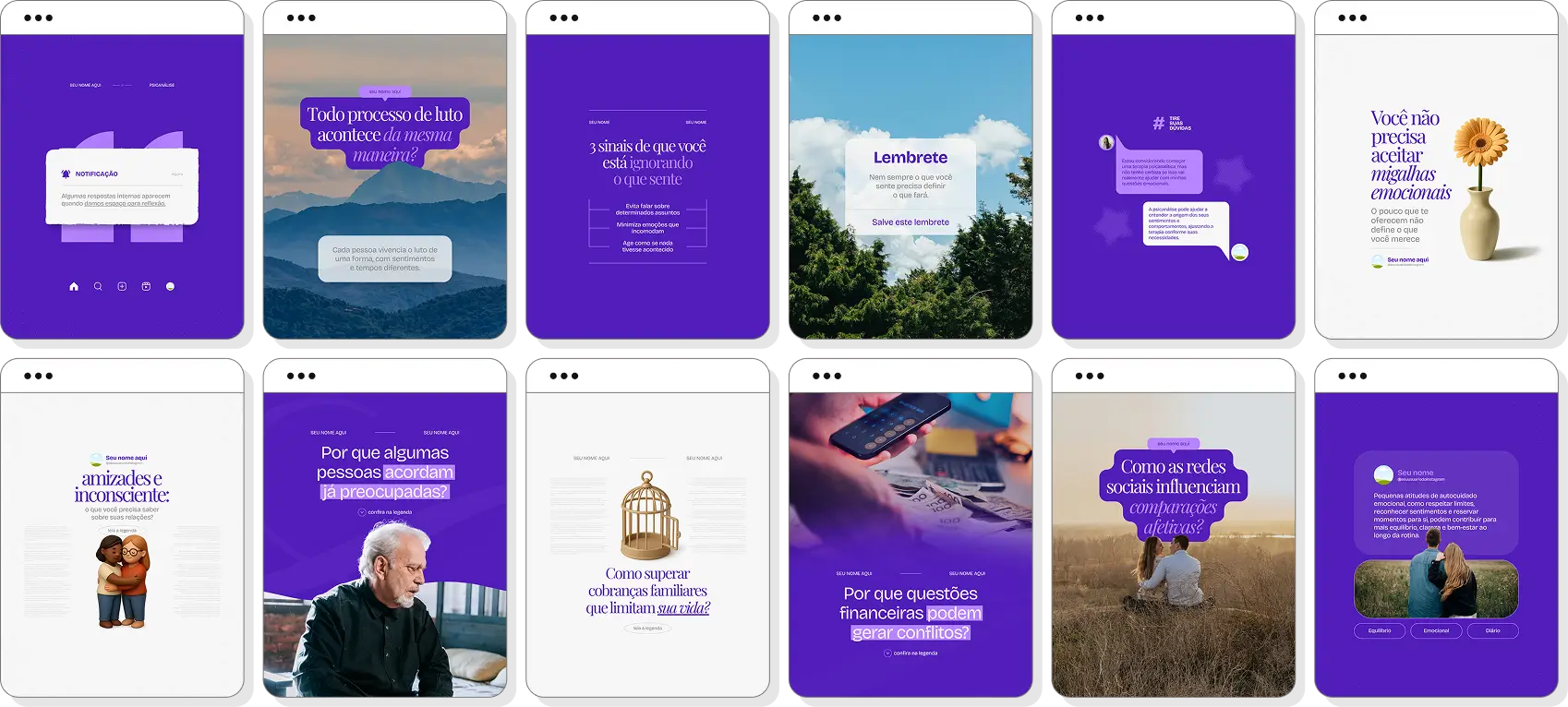 Pack social media psicanálise com templates para Instagram de emoções e desenvolvimento pessoal