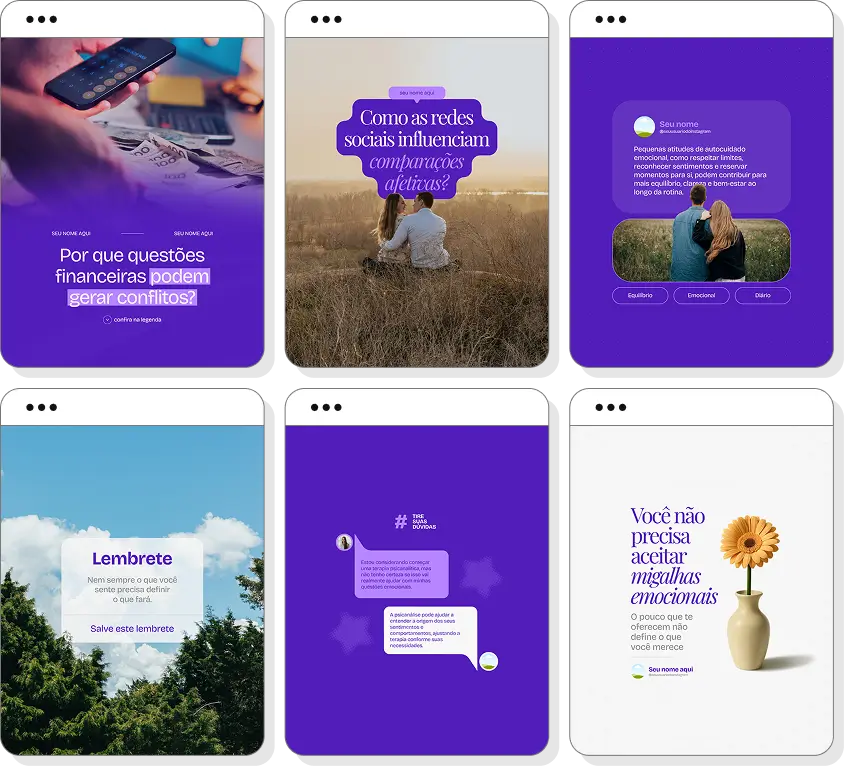 Pack de posts para Instagram psicanálise com artes editáveis sobre emoções e desenvolvimento pessoal